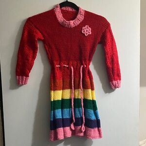 Girls Rainbow Stripe Knit Dress - Red & Pink Accents, hand knitted